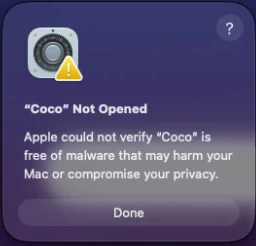 The macOS dialog: Coco Not Opened, with a Done button