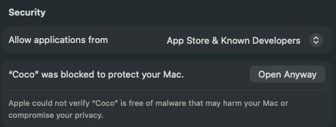 System Settings, Security section: Coco was blocked to protect your Mac, with an Open Anyway button