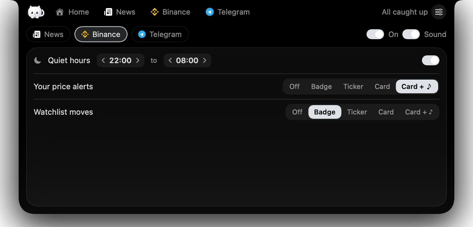 The rules screen: quiet hours from 22:00 to 08:00 and a loudness picker per alert
